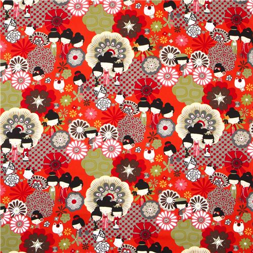 orange roter japanische Kokeshi Puppen Stoff Alexander Henry 2