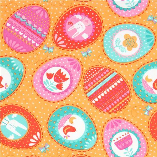 Tissu Moda Fabrics orange avec des lapins, des oiseaux, des oeufs multicolores Tissu