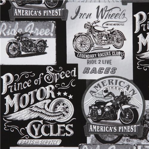 tessuto vintage motociclette scritte Timeless Treasures Tessuto