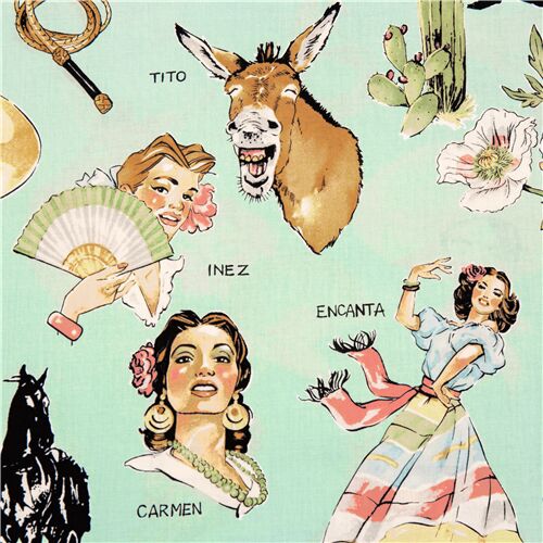 Folklorico Dancing Women Cowboys Cactus Fabric