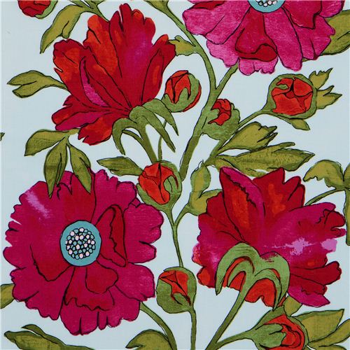 Tissu Michael Miller bleu Laura Gunn fleurs roses Tissu