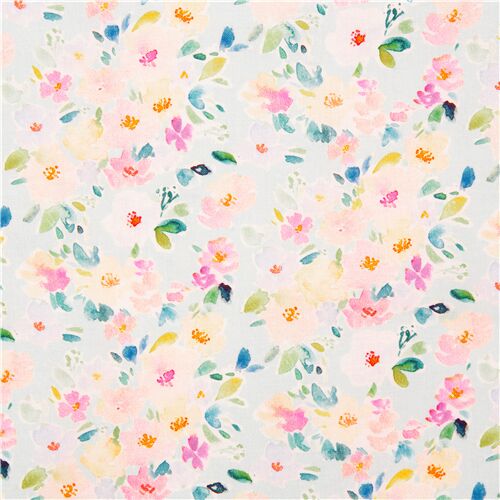 Tissu bleu pâle avec des fleurs d'été pastel style aquarelle, Tissu