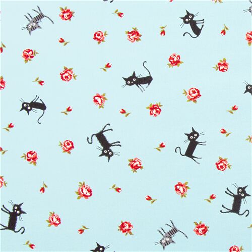 hellblauer Katzen Tiere und Rosen Stoff CocoLand Stoff aus Japan Stoff