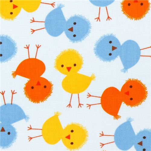 pale blue fabric with colourful chicks by Robert Kaufman 1