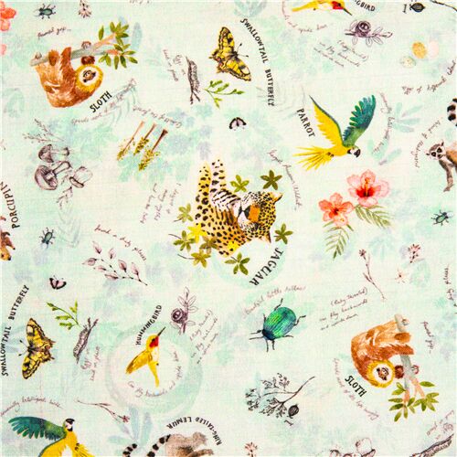 Tissu en coton bleu-vert pâle animaux sauvages et journaux Tissu