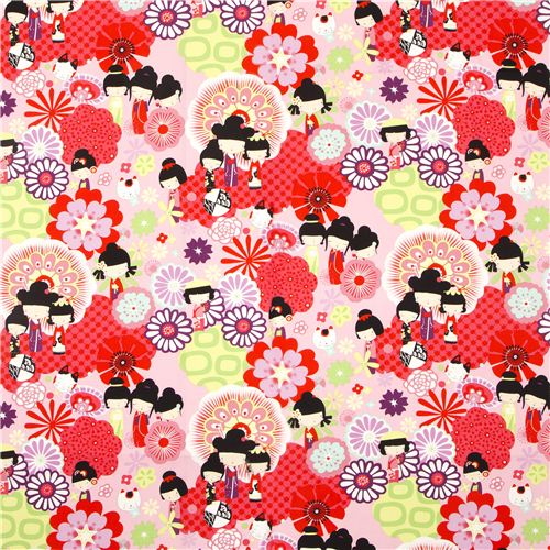 rosa japanische Kokeshi Puppen Stoff von Alexander Henry 2