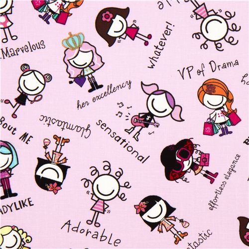 pale pink children designer fabric with comic girls 1