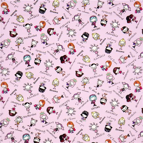 pale pink children designer fabric with comic girls 2