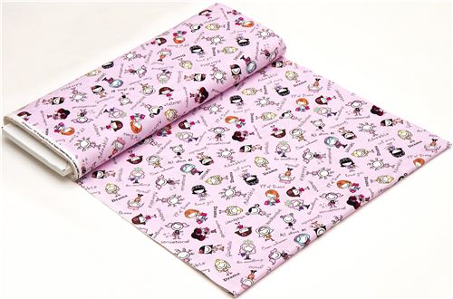 pale pink children designer fabric with comic girls 3