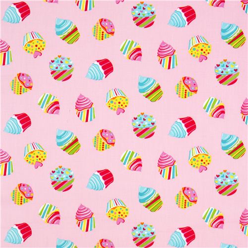 pale rosa designer fabric colourful Party cupcakes hearts 2