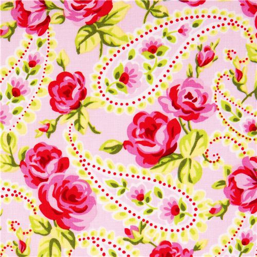pale pink designer fabric with roses & Paisley from the USA 1