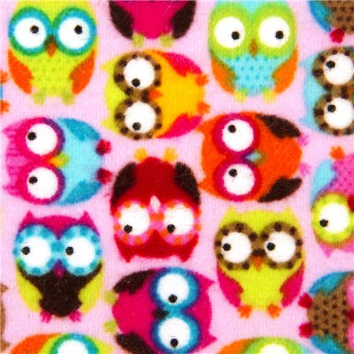 pale rosa designer flannel fabric with small colourful owls 1