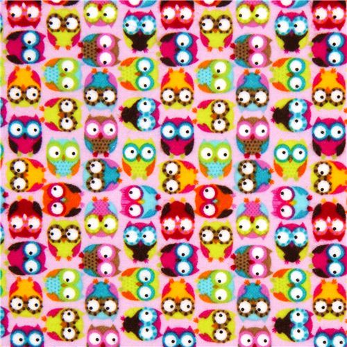 pale rosa designer flannel fabric with small colourful owls 2