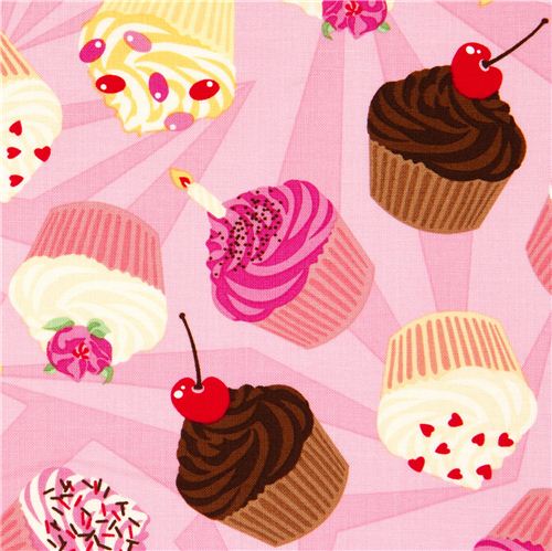 rosa gemusterter Designer Stoff mit Cupcakes Kerze Kirsche 1