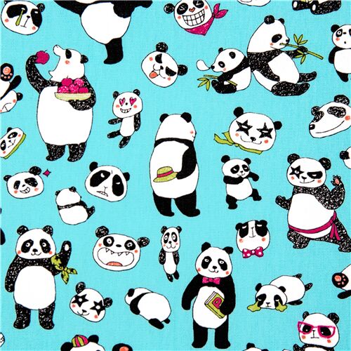 Tela de sbana algodn de Japn azul oso panda poses graciosas kungf bamb Tela