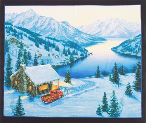 Snowy Landscape Wiildlife Wooden Cabin Scene Panel Fabric