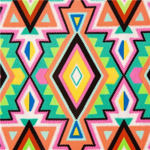 Tela multicolor naranja diseño geométrico inspiración azteca Tela