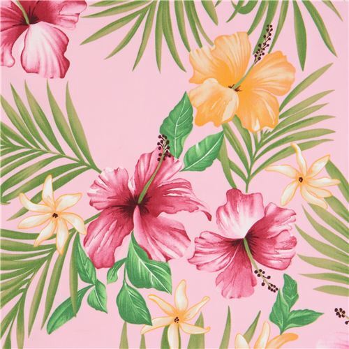 Tissu Trans-Pacific Textiles rose pêche avec des fleurs tropicales hawaïennes Tissu