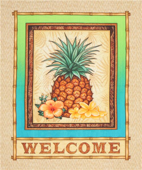 Tela con panel de pia anans y flores de plumeria e hibisco de QT Fabrics Tela