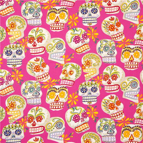 pink Alexander Henry fabric with decorated skulls 2