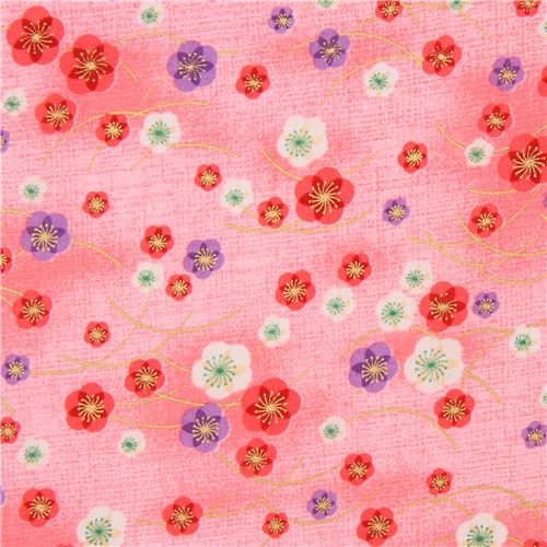 tessuto rosa Asia fiori viola rosa bianchi decorazioni dorate  Tessuto