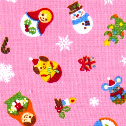 pink Christmas fabric Matryoshka kawaii animals 1