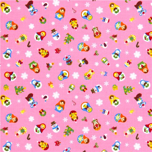 pink Christmas fabric Matryoshka kawaii animals 2