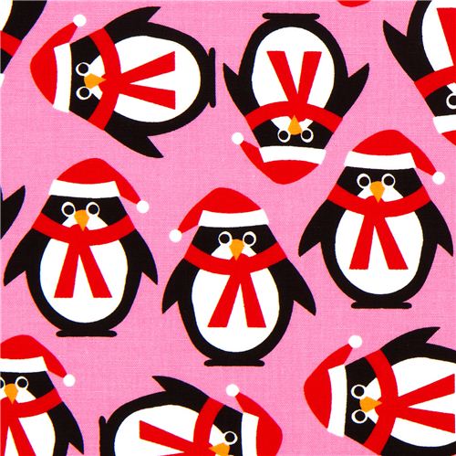 pinker Weihnachtsstoff mit Pinguinen von Robert Kaufman 1