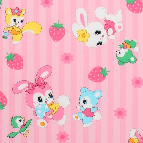 Tela Pascua en color rosa, conejitos, osos, pájaros, fresas Tela