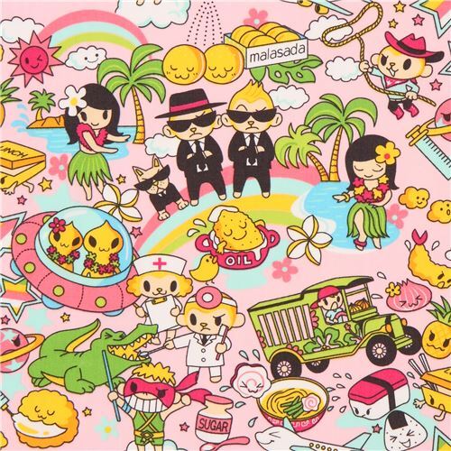 Tissu rose avec Hawa, des danseuses de hula, des aliens, style anime et Manga Tissu