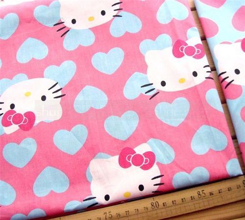 pink Hello Kitty Fabric with blue hearts kawaii 0.5m Tessuto