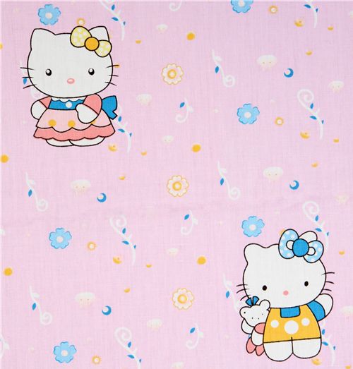 pink Hello Kitty fabric playing with flowers stars 1
