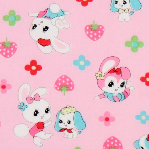 pink Japanese fabric bunny doggy strawberry flowers Tessuto