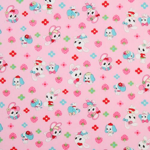 pink Japanese fabric bunny doggy strawberry flowers 2