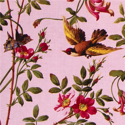 rosa Michael Miller Designer Stoff Vögel Blumen 1