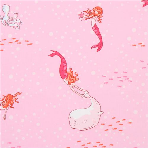 Rosa Stoff mit Meerjungfrau Oktopus Wal von Michael Miller Stoff