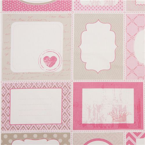 Tissu Riley Blake rose avec du patchwork et des étiquettes Tissu