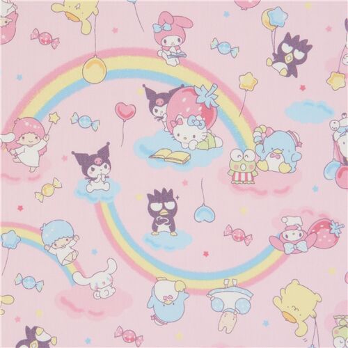 Remnant (20 x 109 cm) - pink Sanrio glitter rainbow oxford fabric with Hello Kitty and My Melody