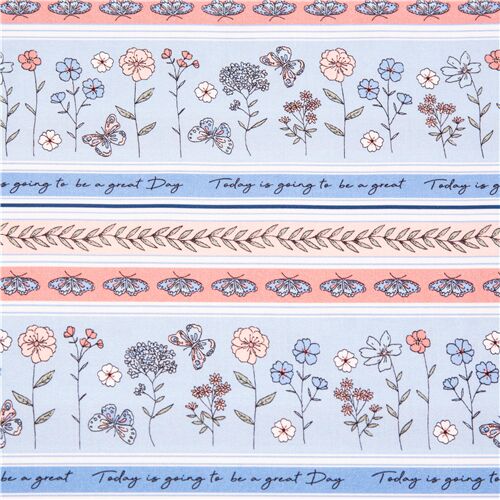 tessuto strisce rosa blu cotone fiori farfalle scritte Tessuto