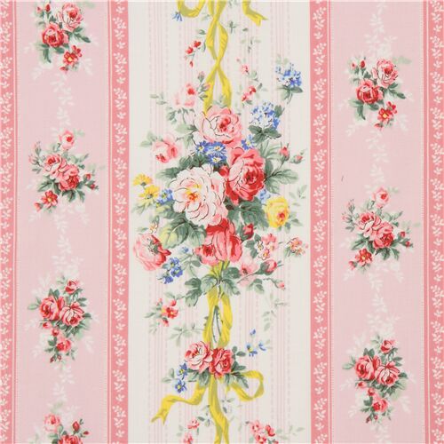 pink and cream striped fabric with retro flower bouquets by Quilt Gate Fabric
