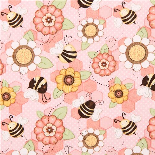 Tissu rose avec des nids d'abeilles et des abeilles, par Glass Etats-Unis Tissu