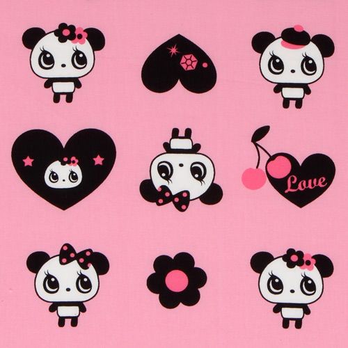 pink big panda fabric with black hearts Japan 1