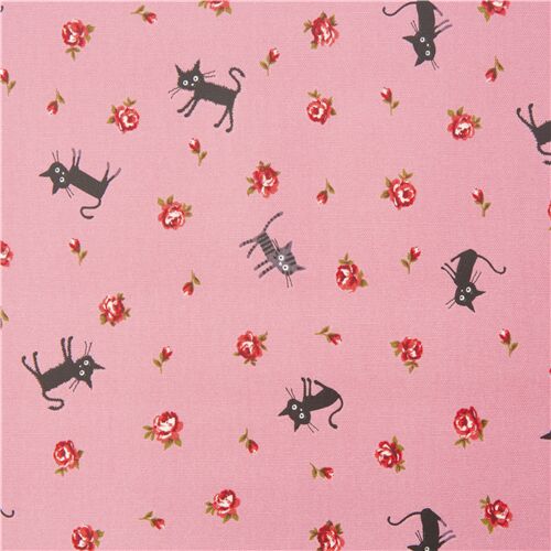 Rosa laminierter Stoff mit Katzen und Rosen von CocoLand aus Japan Stoff