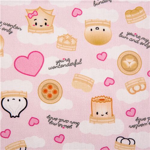 Cute Kawaii Tumbling Dim Sum Buns Hearts Fabric