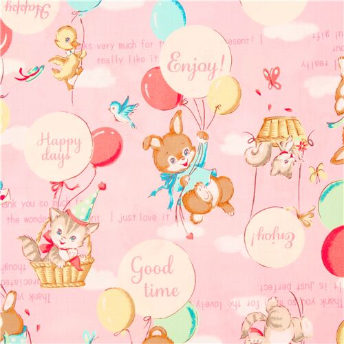 Tissu japonais en coton rose bbs animaux flottants dans des paniers ballons Tissu