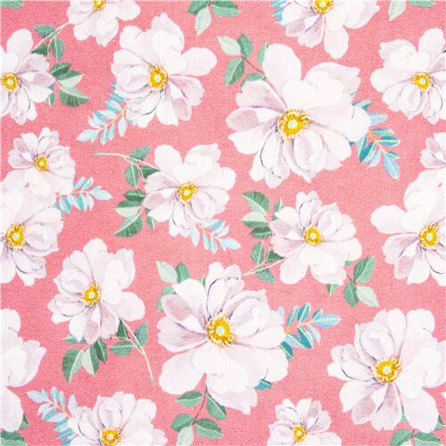 tessuto rosa cotone vintage motivo botanico rose bianche Tessuto