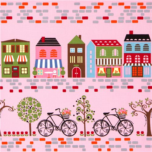 pink designer fabric with cafe bike street house 1