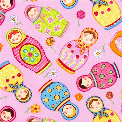 rosa Designer Stoff mit bunten russischen Matroschka Puppen 1