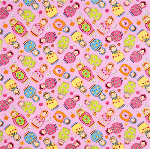 rosa Designer Stoff mit bunten russischen Matroschka Puppen 2