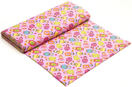 rosa Designer Stoff mit bunten russischen Matroschka Puppen 3